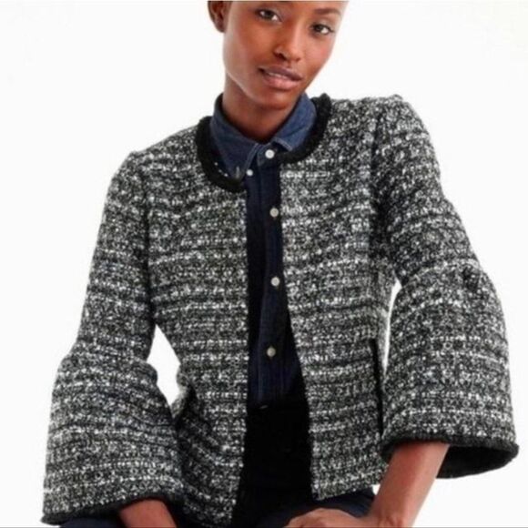 J. Crew Belle Sequin Tweed Jacket Women's Size 0 H2293 Black/White - Picture 1 of 11